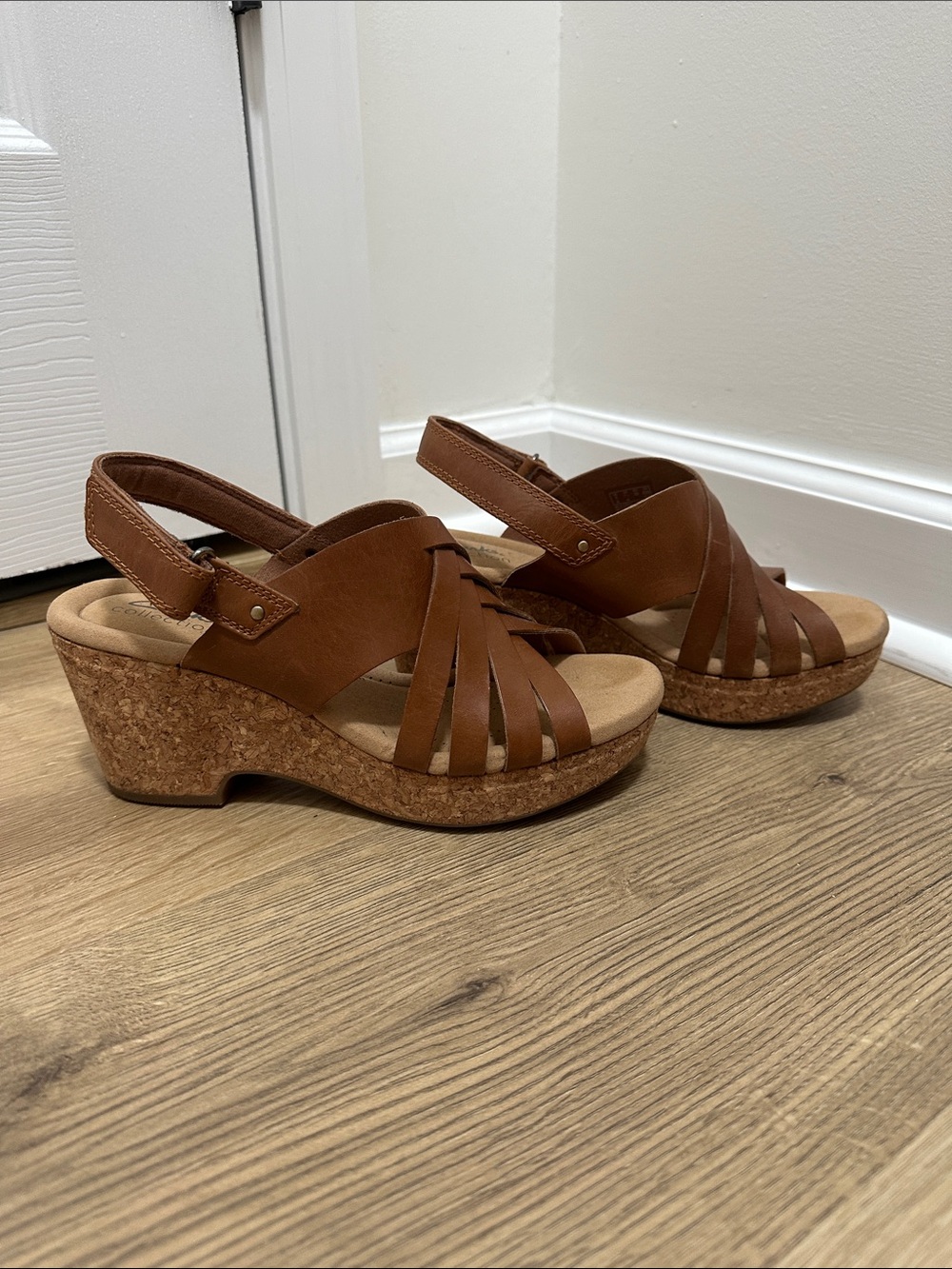 Clarks Tan Brown Cork Wedge Sandals